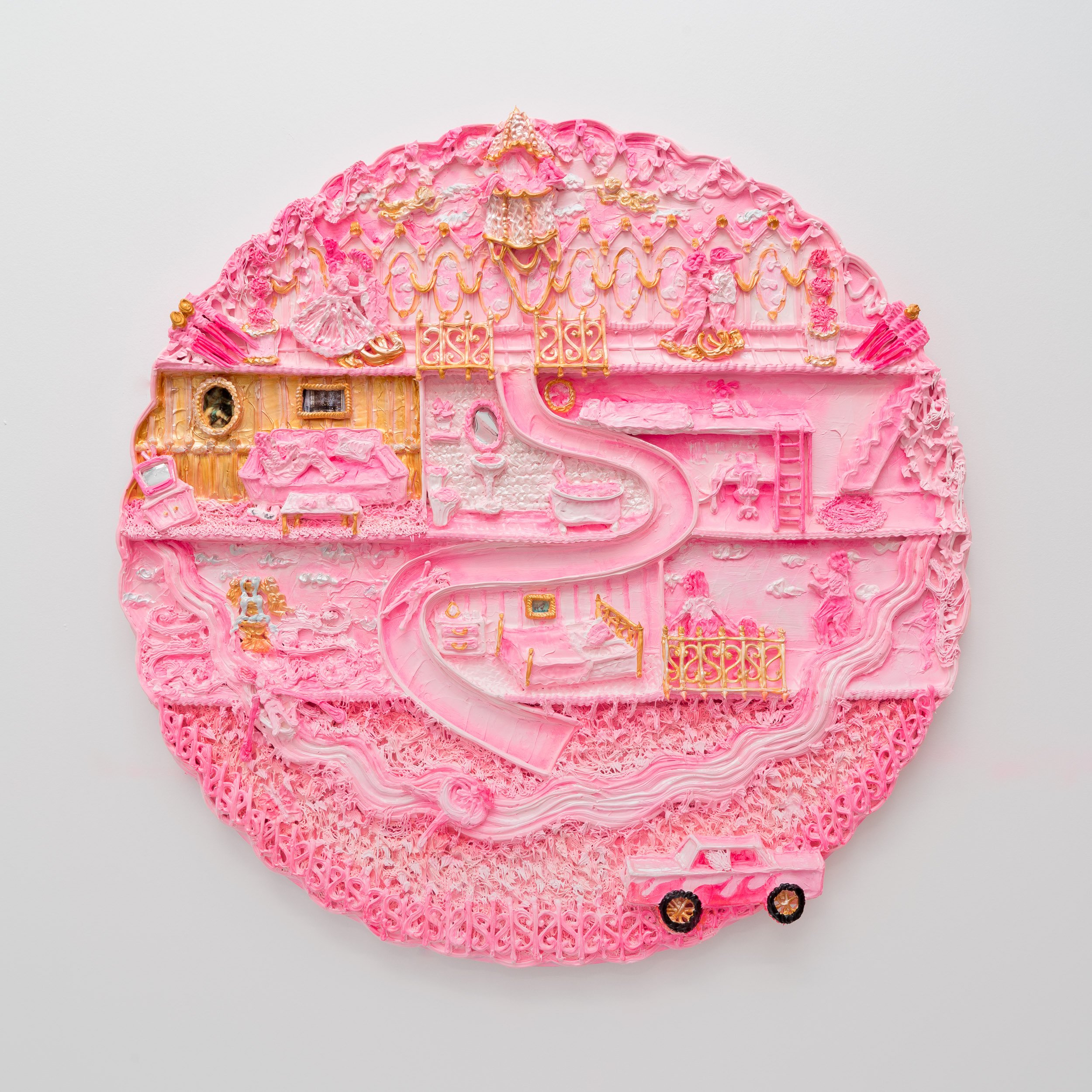 Surveillance Locket 2, 2021, acrylic piping and collage on panel, 36” diameter.
